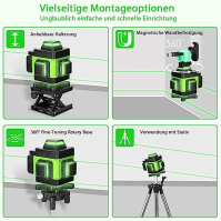 Zelená sada křížového laseru Hancaner 16 Line Laser Level IP54 vodováha 360° křížový laser samonivelační +1,5M stativ +2400mAh b